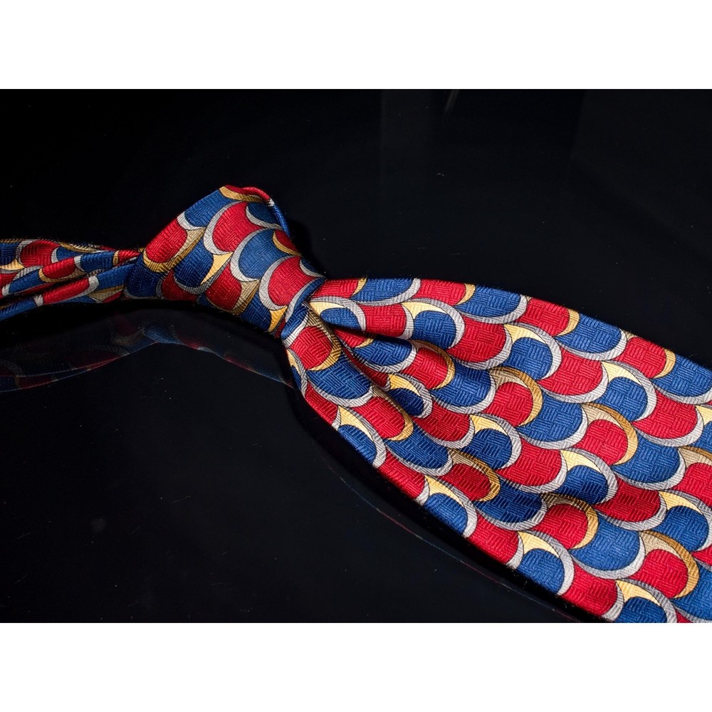 J.Z. Richards 100% Silk Tie Red Blue Scaled Pattern Mens Designer Necktie USA